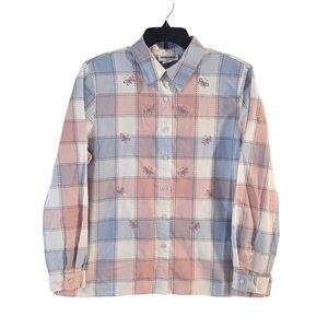 Alfred Dunner Button Down Blouse Top 16 Embroidered Butterflies Pink Blue Plaid